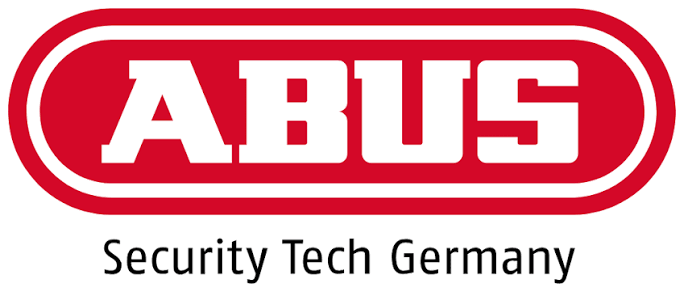 ABUS-Logo, Sicherheitsmarke, rotes Logo, weiße Schrift, Security Tech Germany